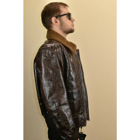 $5K DOLCE GABBANA BROWN CRACKED LEATHER BOMBER SHEARLING ZIP JACKET 54 / US 44 - Picture 3 of 12